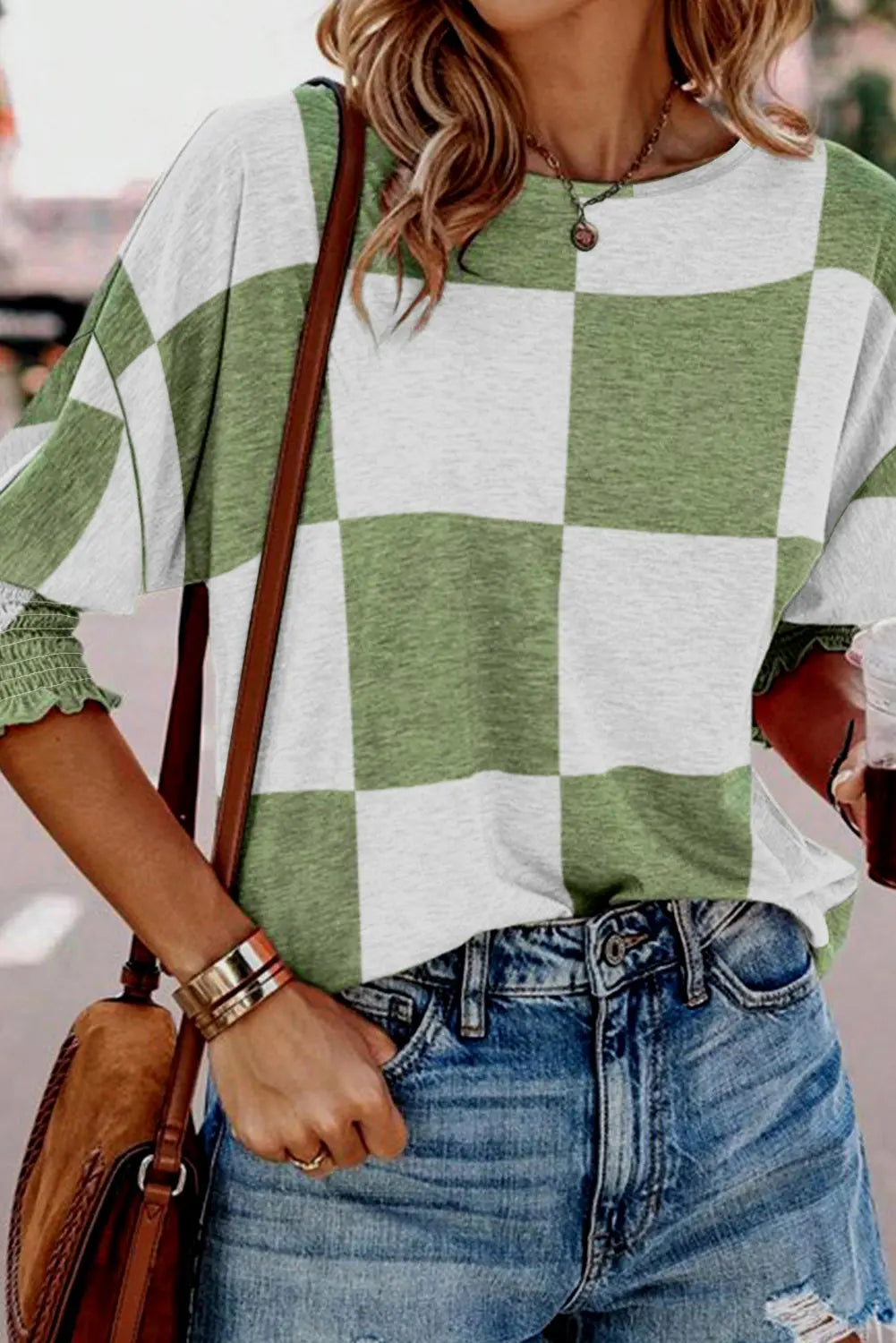 Checkered Round Neck Lantern Sleeve Top Trendsi