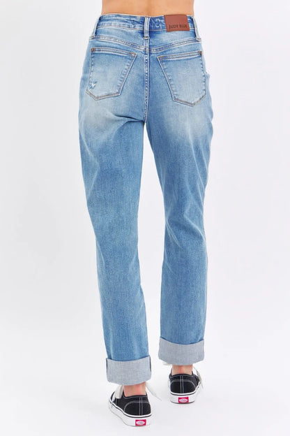 Judy Blue Full Size Distressed Straight Jeans with Patch Pockets Trendsi