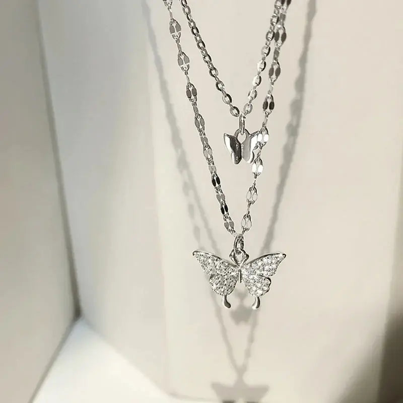 ANENJERY 925 Sterling Silver CZ Butterfly Necklace: Double Layer Dainty Jewelry Zendrop