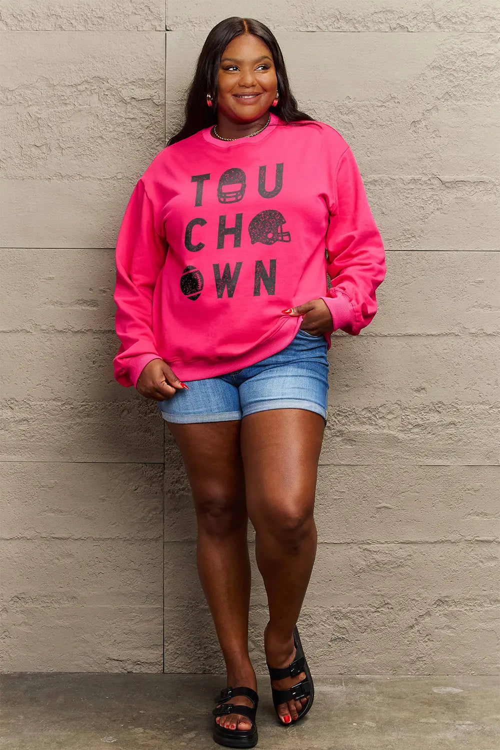 Simply Love Full Size TOUCHDOWN Long Sleeve Sweatshirt Trendsi