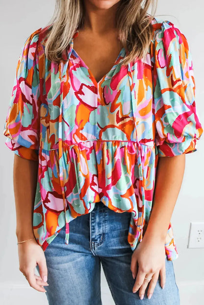 Printed Tie Neck Half Sleeve Blouse Trendsi