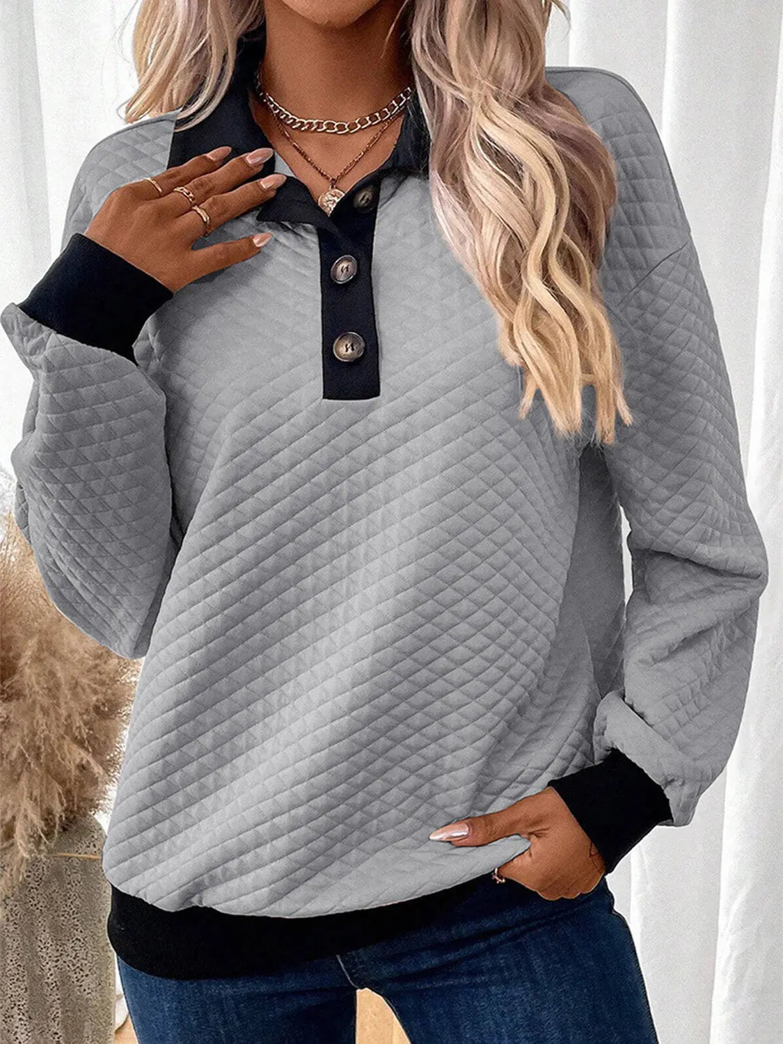 Texture Quarter Button Long Sleeve Sweatshirt Trendsi