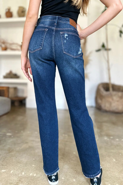 Judy Blue Full Size High Waist Rigid Magic Heavy Destroy Straight Jeans Trendsi