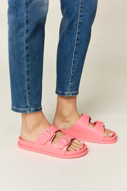 Legend Double Buckle Open Toe Sandals in pink, featuring adjustable buckles and stylish open toe design.