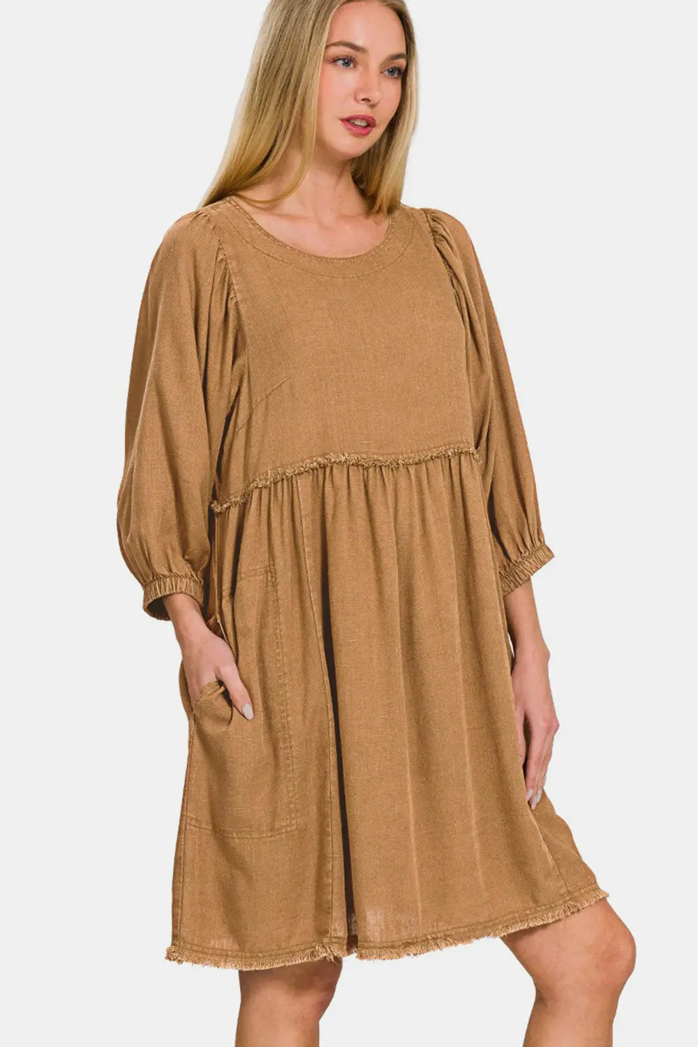 Zenana Washed Linen Pleated Puff Sleeve Babydoll Dress Trendsi