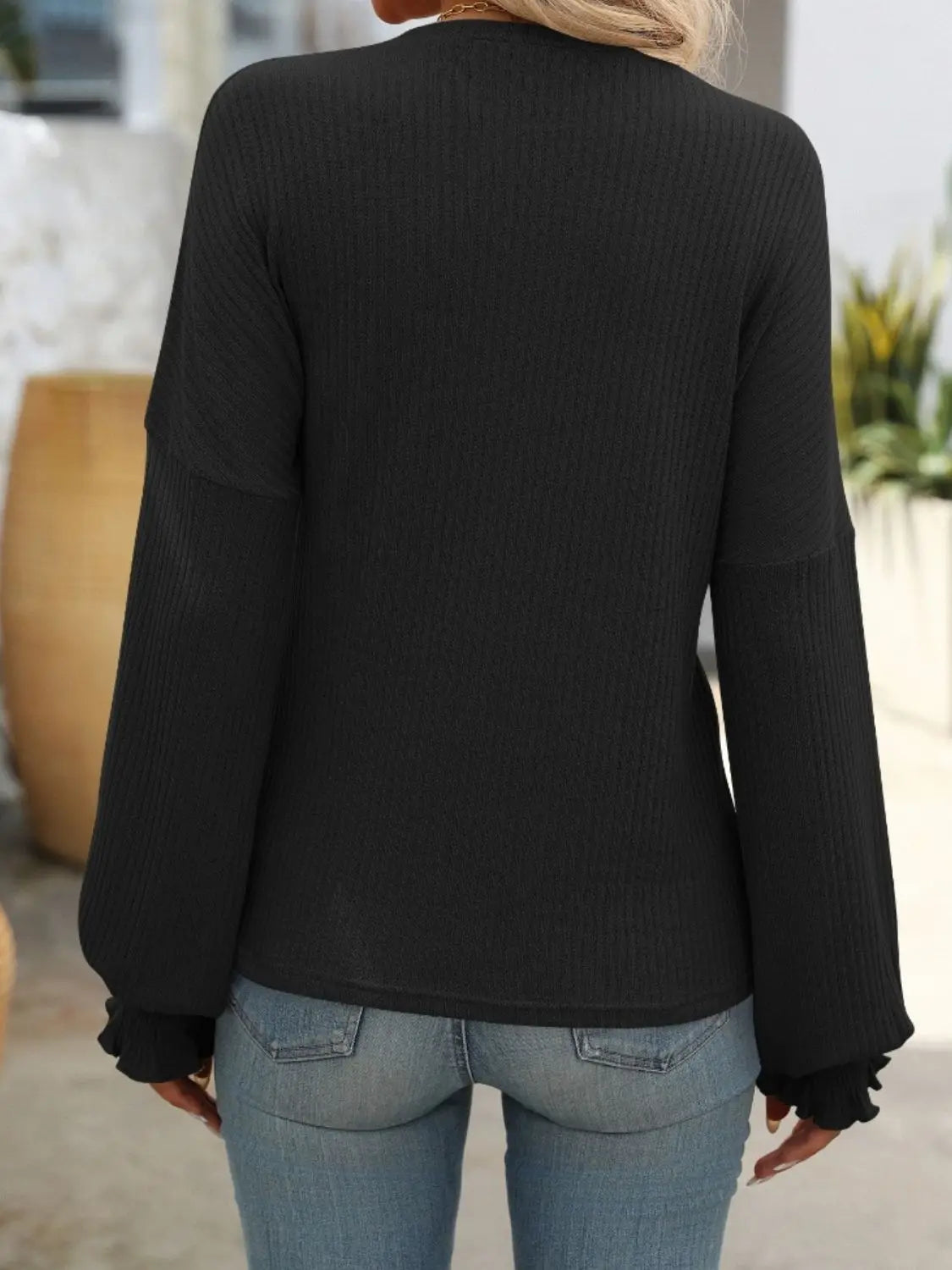 Ribbed Round Neck Long Sleeve T-Shirt Trendsi