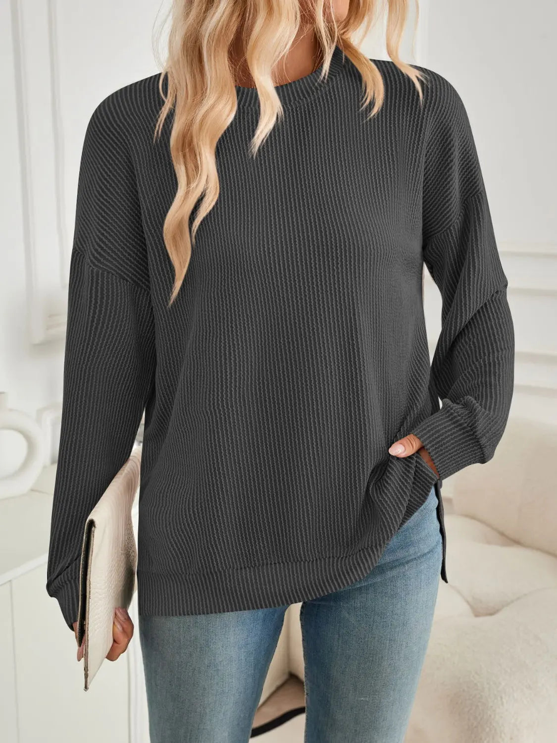 Slit Round Neck Long Sleeve Sweatshirt Trendsi