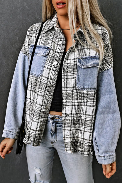 Plaid Pocketed Snap Down Denim Jacket Trendsi