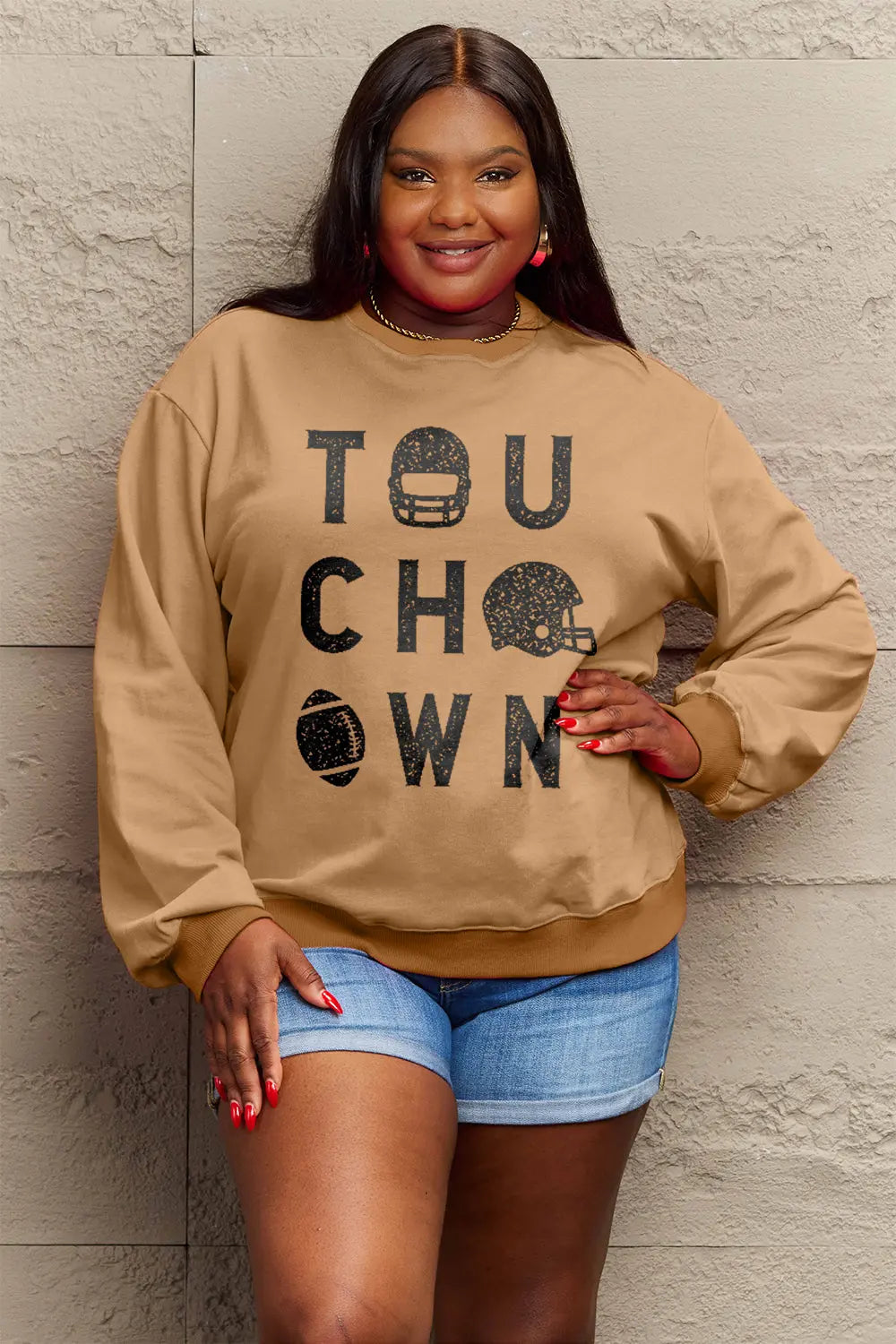 Simply Love Full Size TOUCHDOWN Long Sleeve Sweatshirt Trendsi