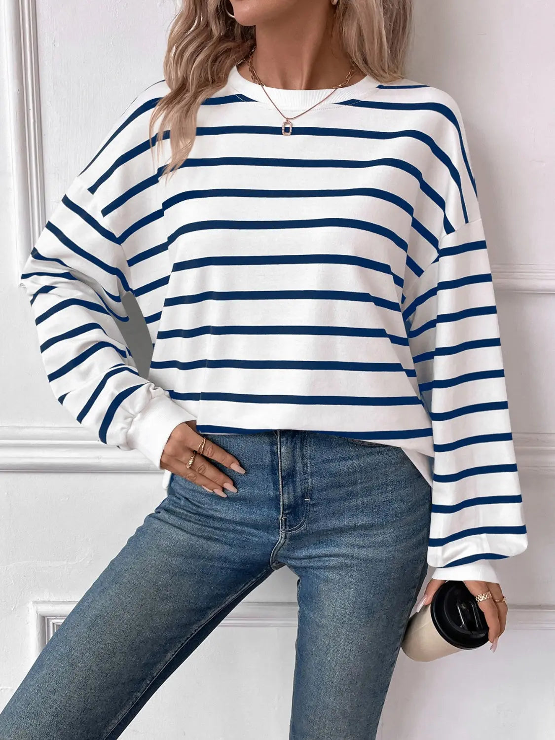 Striped Round Neck Long Sleeve Sweatshirt Trendsi