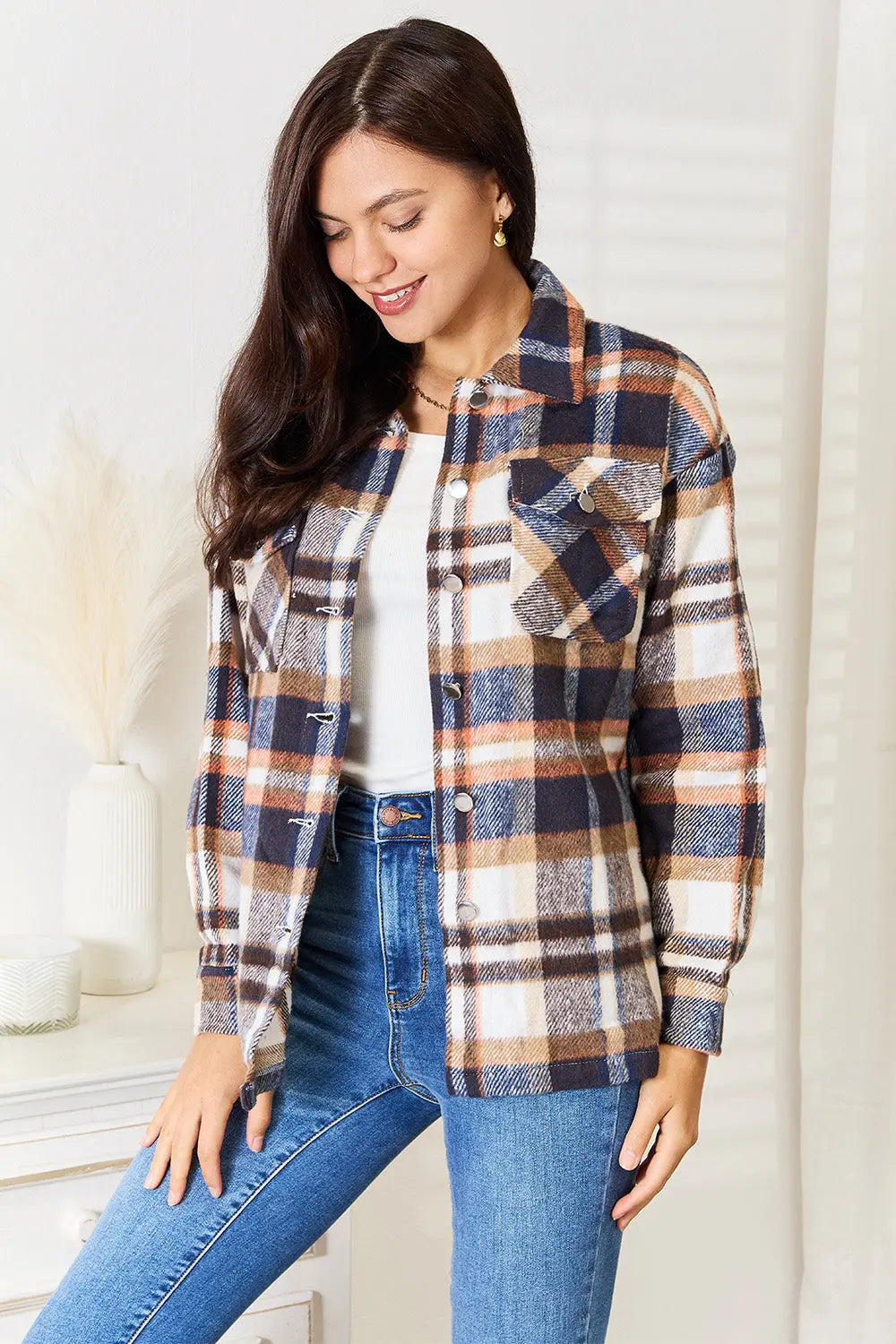 Double Take Plaid Button Front Shirt Jacket with Breast Pockets Trendsi