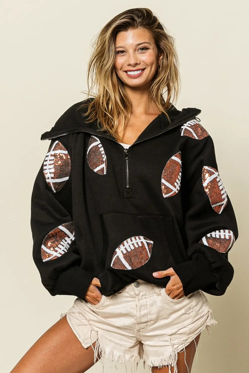 BiBi Sequin Football Half Zip Hoodie Trendsi