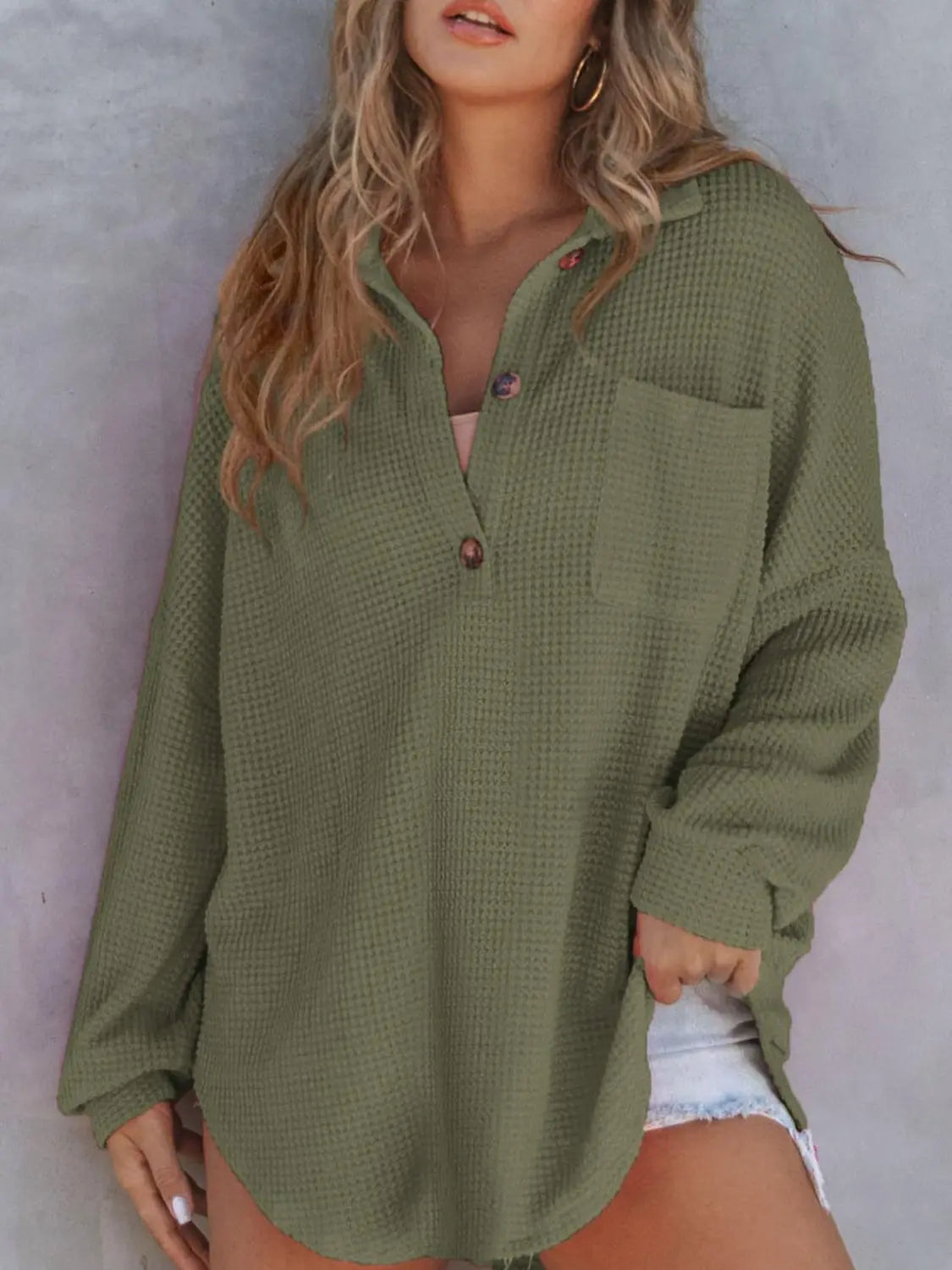 Waffle-Knit Dropped Shoulder Long Sleeve Sweatshirt Trendsi