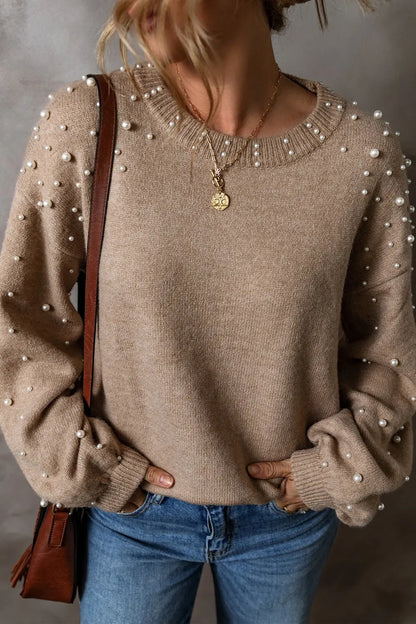 Pearl Detail Round Neck Long Sleeve Sweater Trendsi