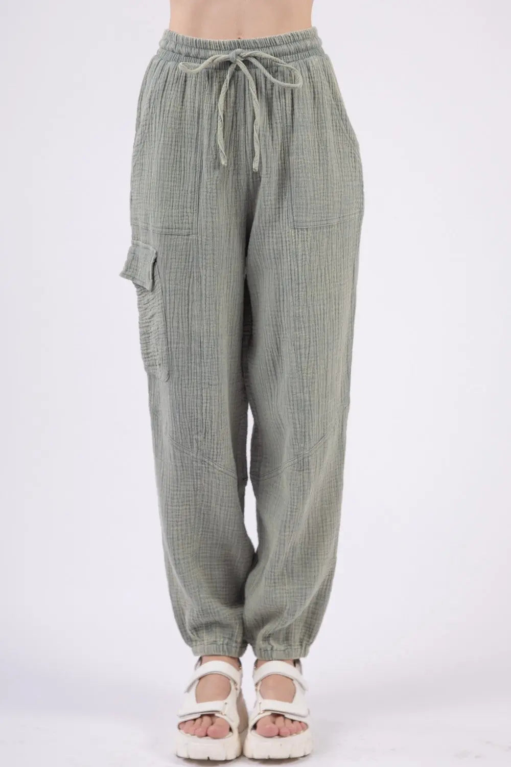 VERY J Washed Woven Crinkle Gauze Drawstring Pants Trendsi