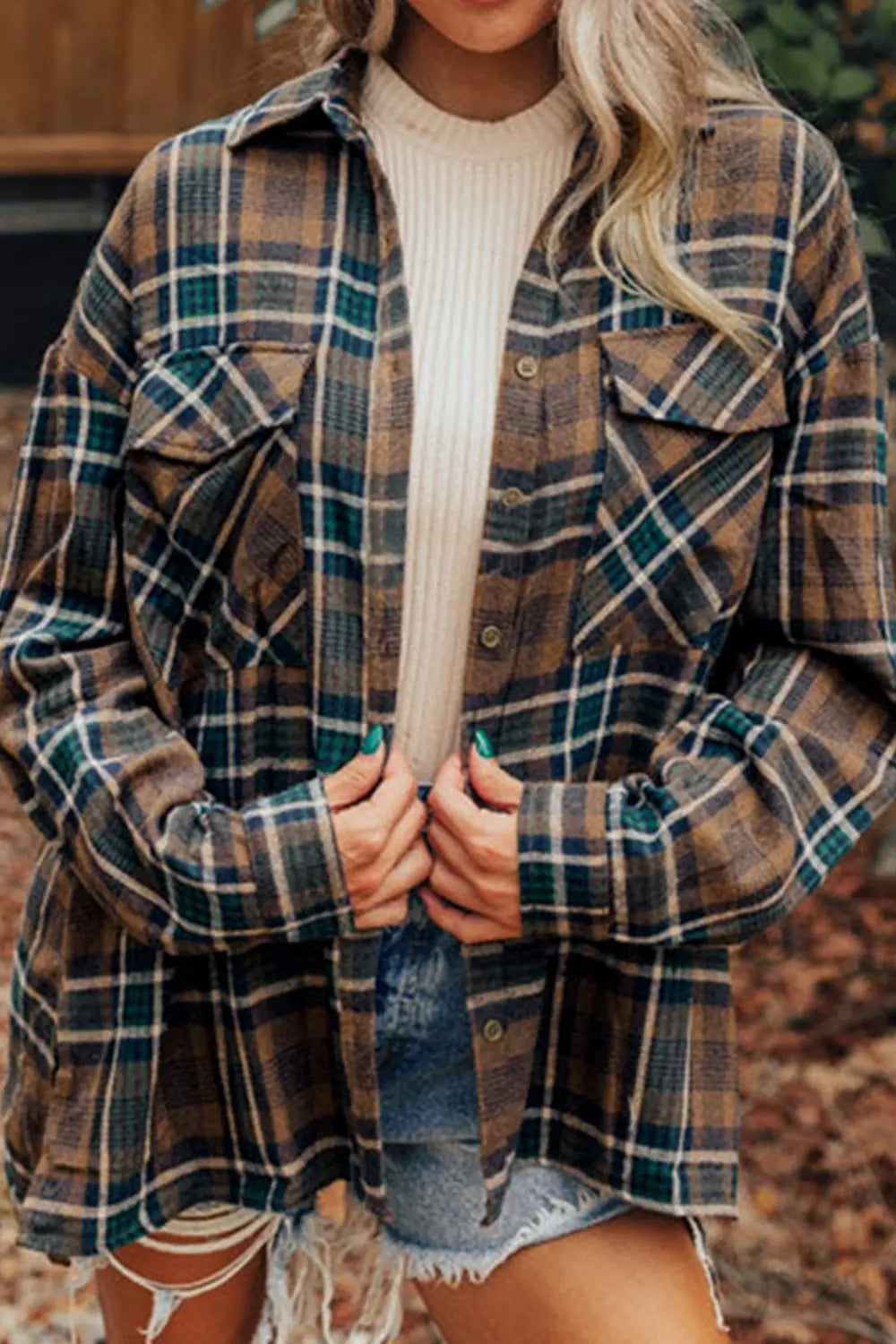 Plaid Button Up Long Sleeve Jacket Trendsi