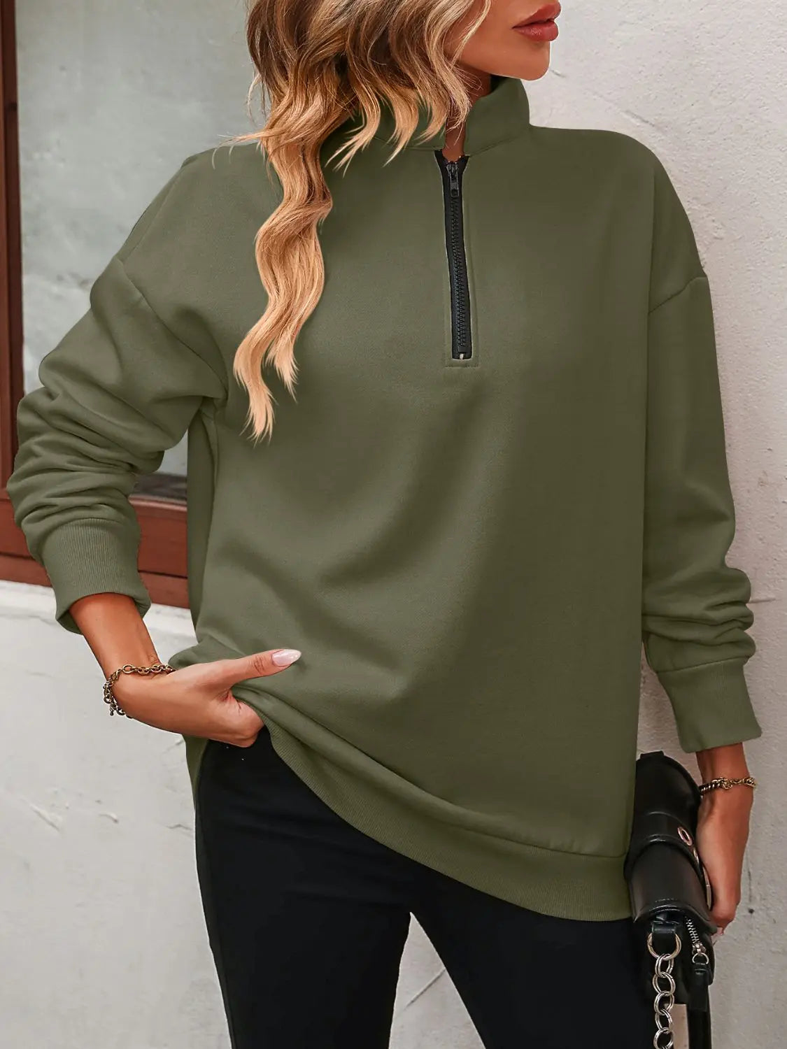 Mandy Zip-Up Dropped Shoulder Sweatshirt Trendsi