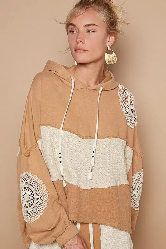 POL Openwork Contrast Dropped Shoulder Hoodie Trendsi