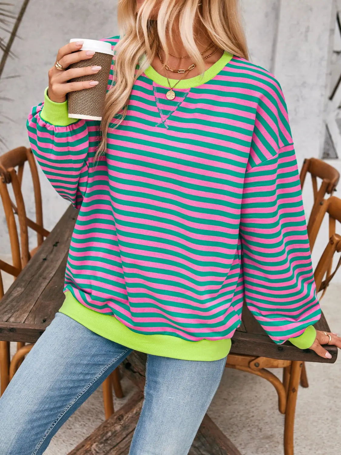 Contrast Striped Long Sleeve Sweatshirt Trendsi