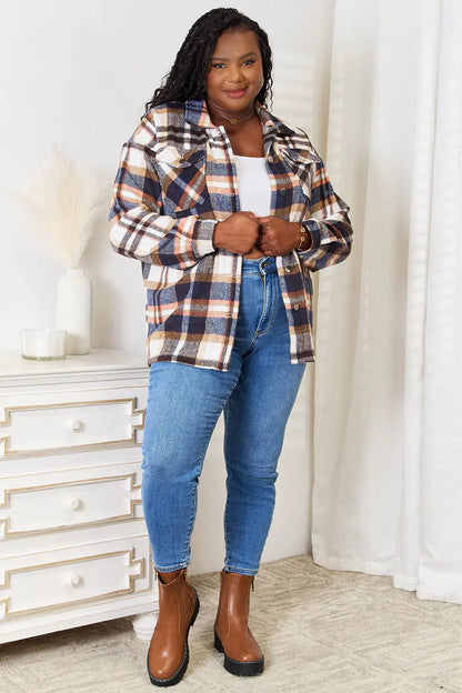 Double Take Plaid Button Front Shirt Jacket with Breast Pockets Trendsi