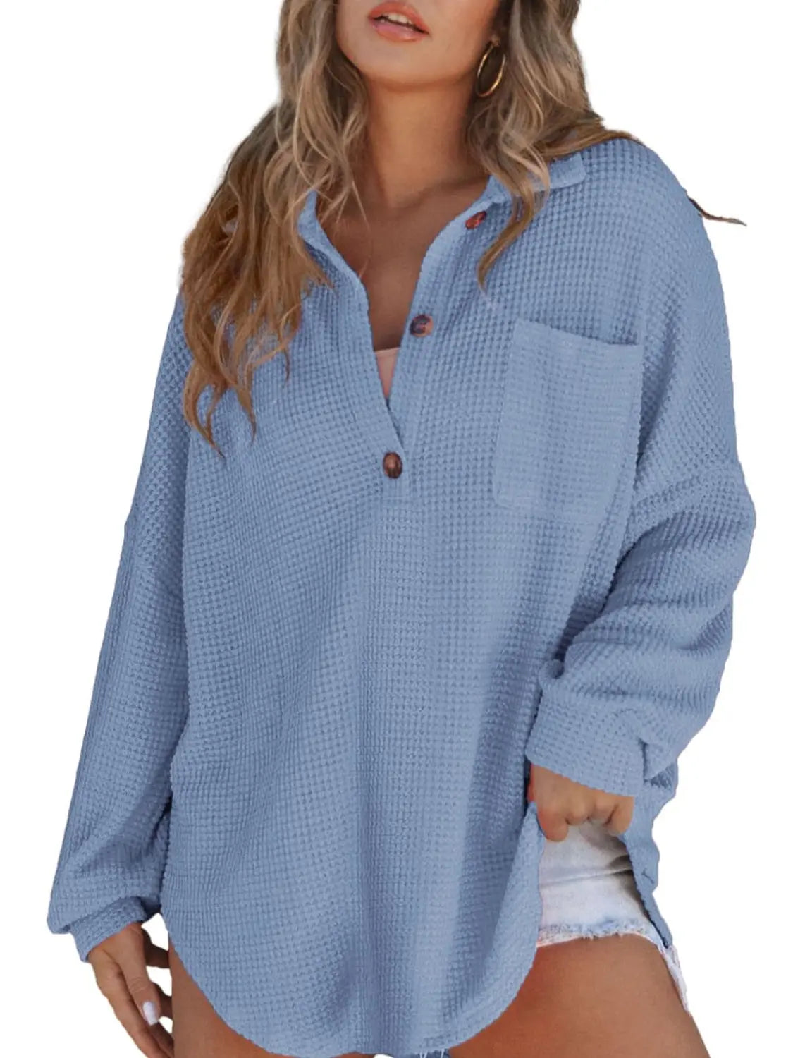 Waffle-Knit Dropped Shoulder Long Sleeve Sweatshirt Trendsi