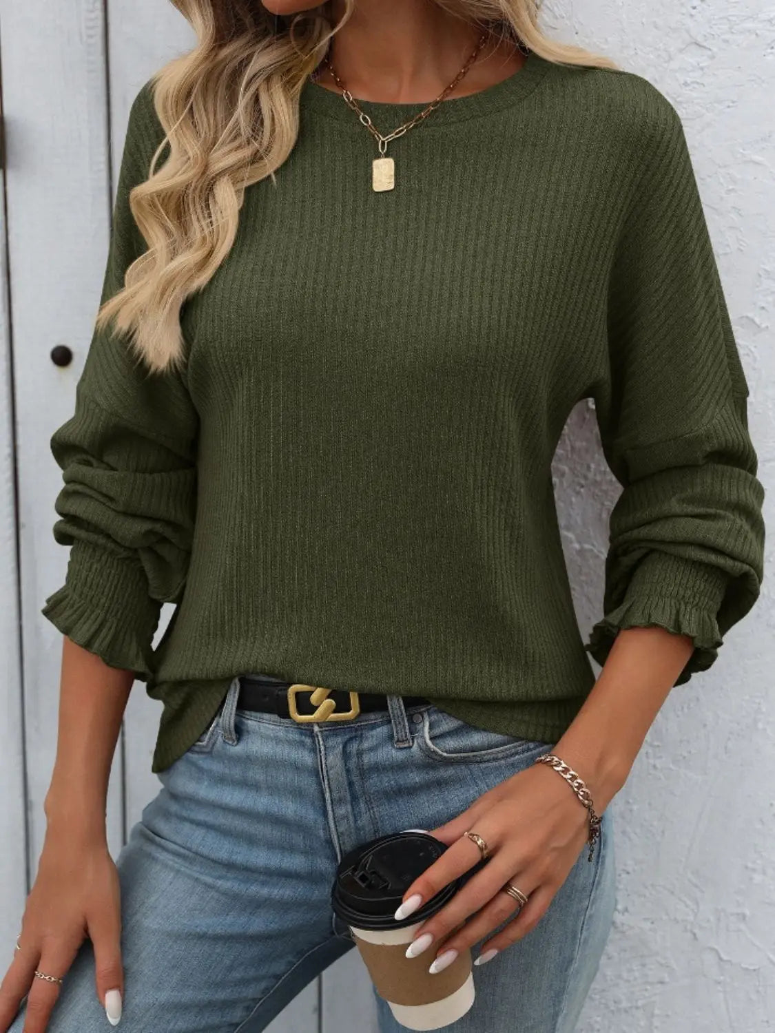 Ribbed Round Neck Long Sleeve T-Shirt Trendsi