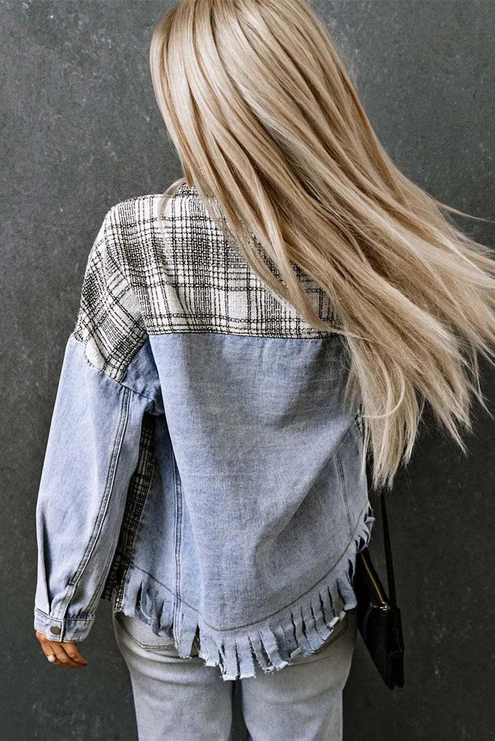 Plaid Pocketed Snap Down Denim Jacket Trendsi