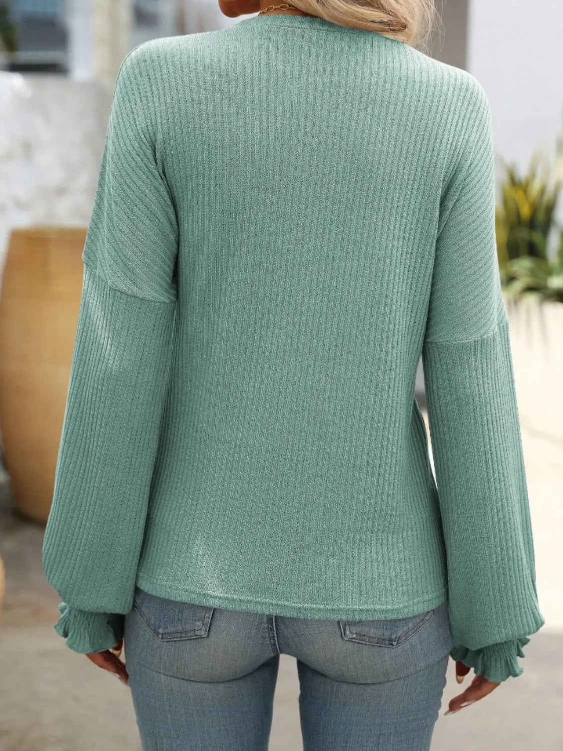 Ribbed Round Neck Long Sleeve T-Shirt Trendsi