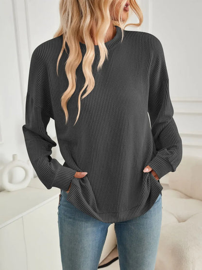 Slit Round Neck Long Sleeve Sweatshirt Trendsi