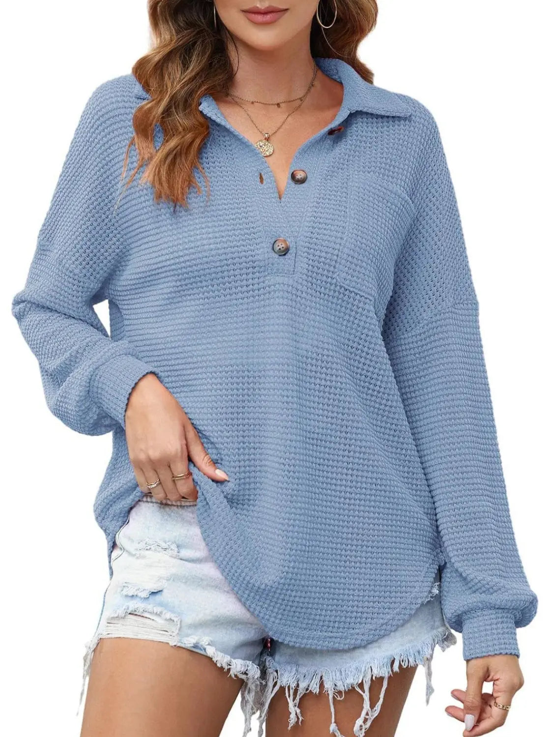 Waffle-Knit Dropped Shoulder Long Sleeve Sweatshirt Trendsi