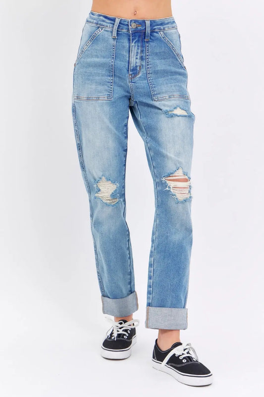 Judy Blue Full Size Distressed Straight Jeans with Patch Pockets Trendsi