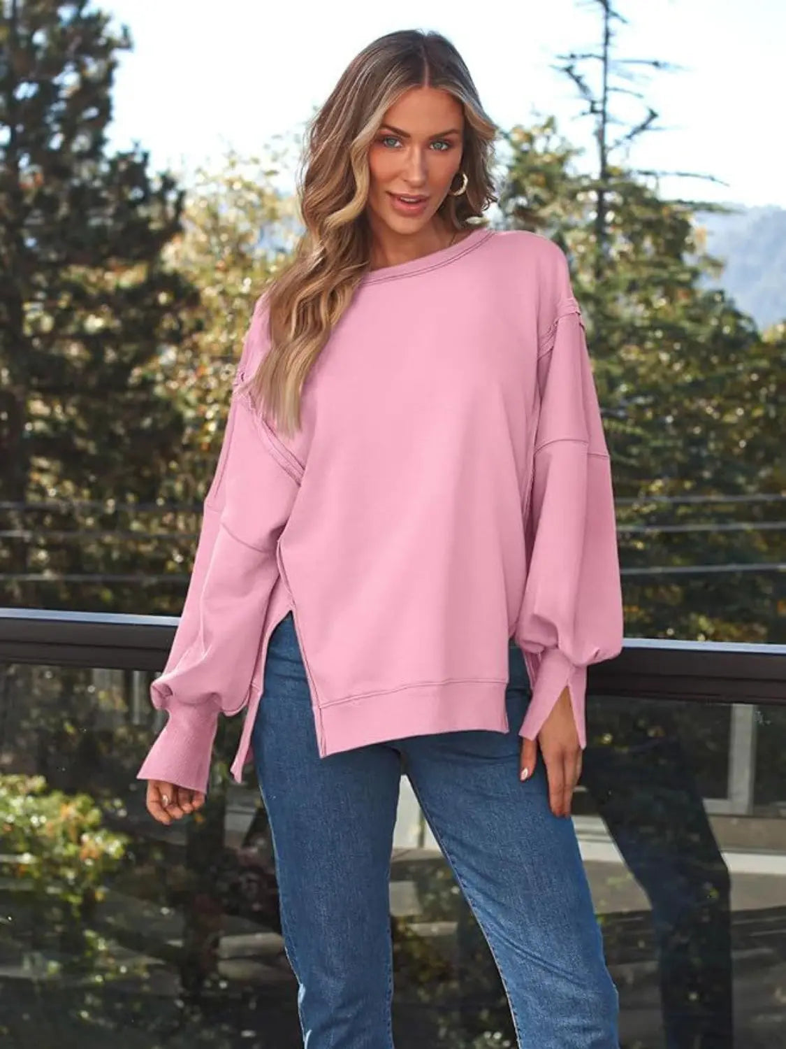 Slit Round Neck Long Sleeve Sweatshirt Trendsi