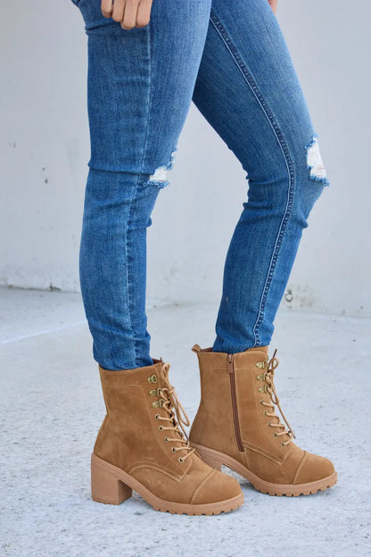 Forever Link Lace-Up Zipper Detail Block Heel Boots Trendsi