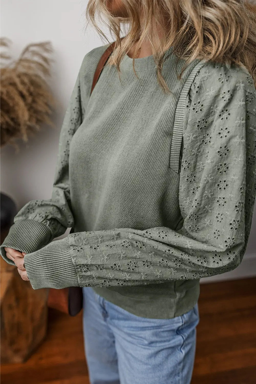 Eyelet Round Neck Long Sleeve Sweatshirt Trendsi