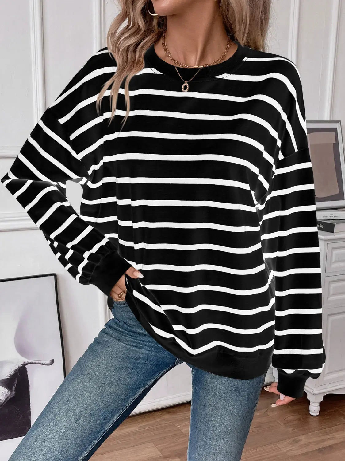 Striped Round Neck Long Sleeve Sweatshirt Trendsi