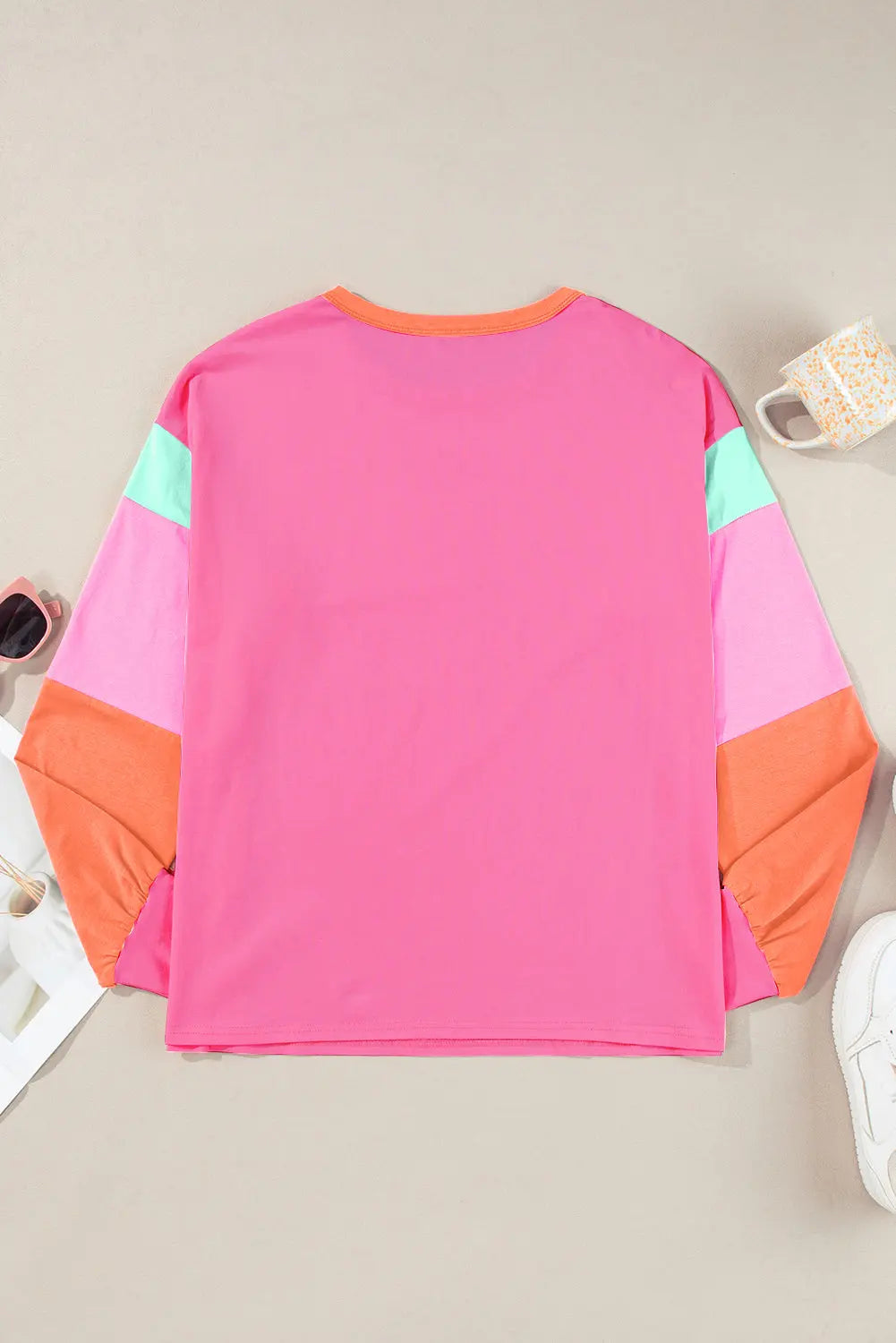 Color Block Round Neck Long Sleeve Top Trendsi