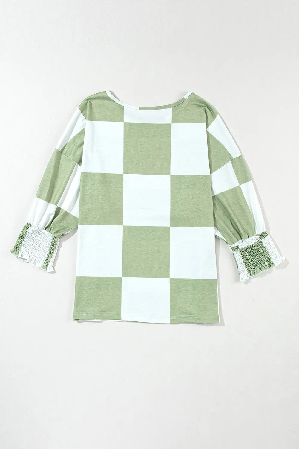 Checkered Round Neck Lantern Sleeve Top Trendsi