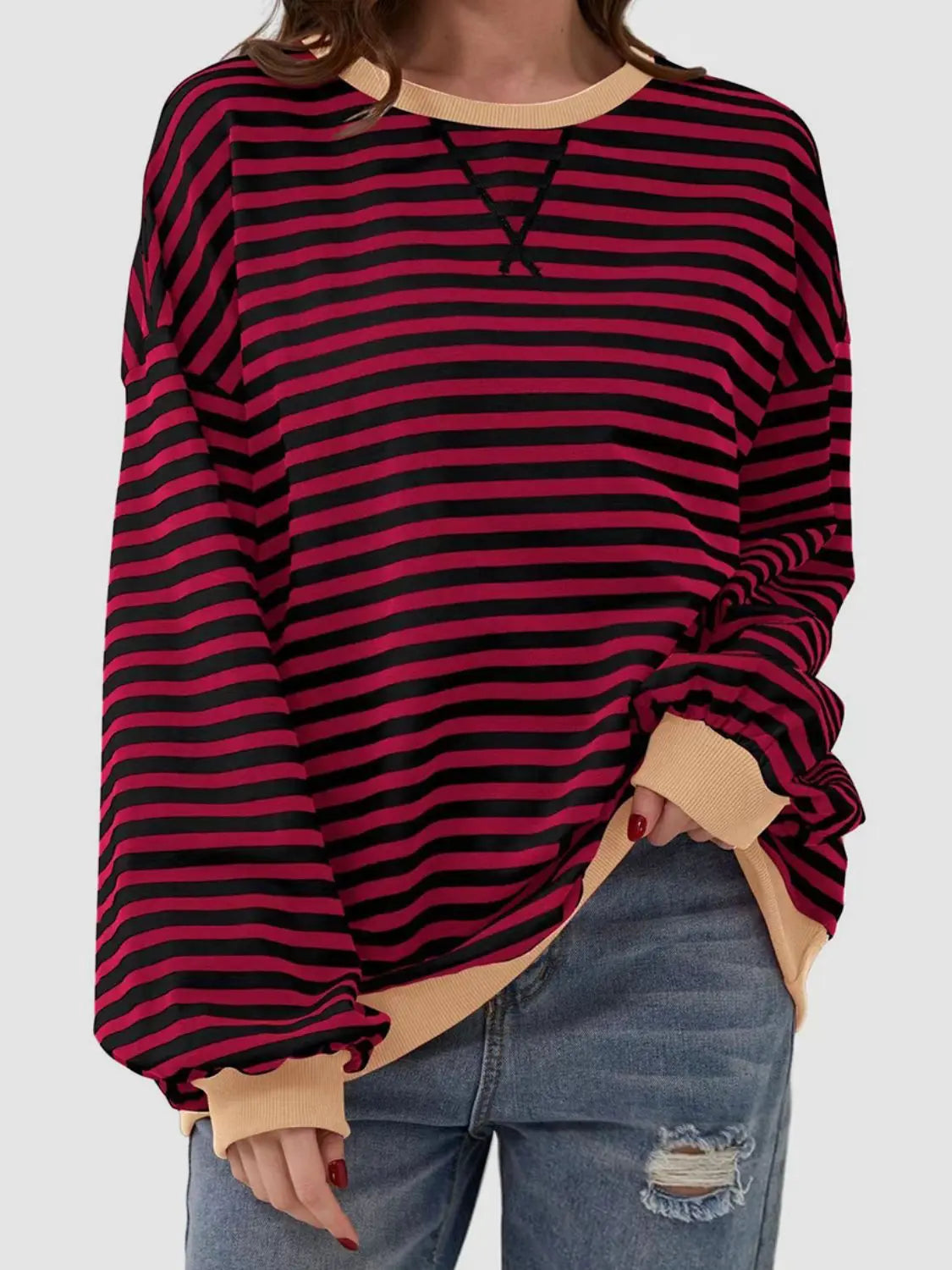 Striped Round Neck Long Sleeve T-Shirt Trendsi