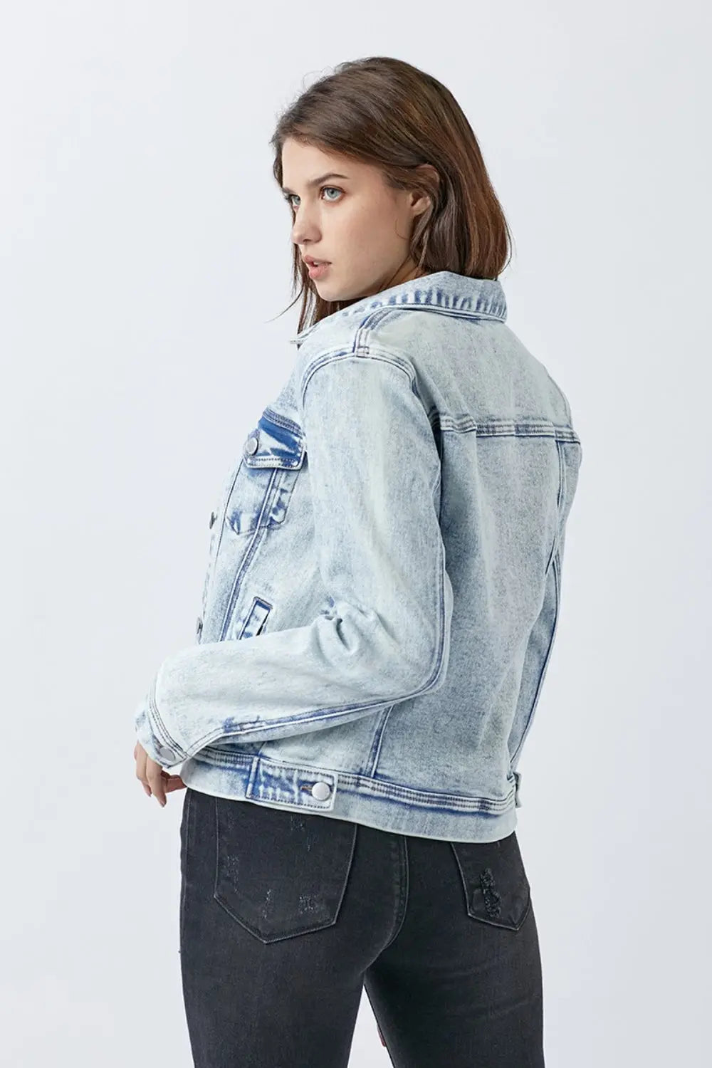 RISEN Button Up Washed Denim Jacket Trendsi