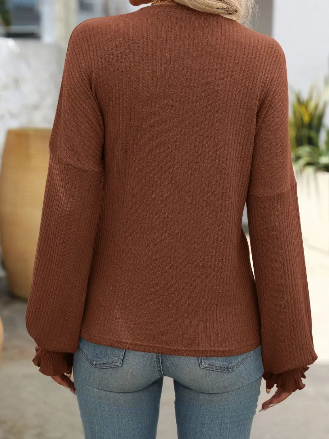 Ribbed Round Neck Long Sleeve T-Shirt Trendsi