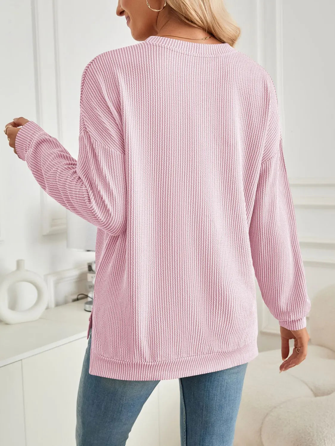 Slit Round Neck Long Sleeve Sweatshirt Trendsi