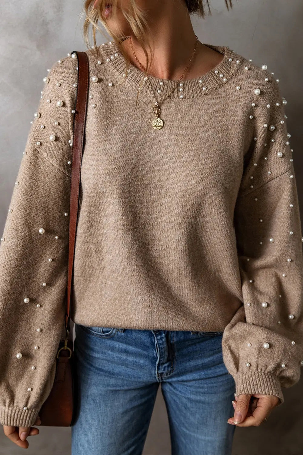 Pearl Detail Round Neck Long Sleeve Sweater Trendsi