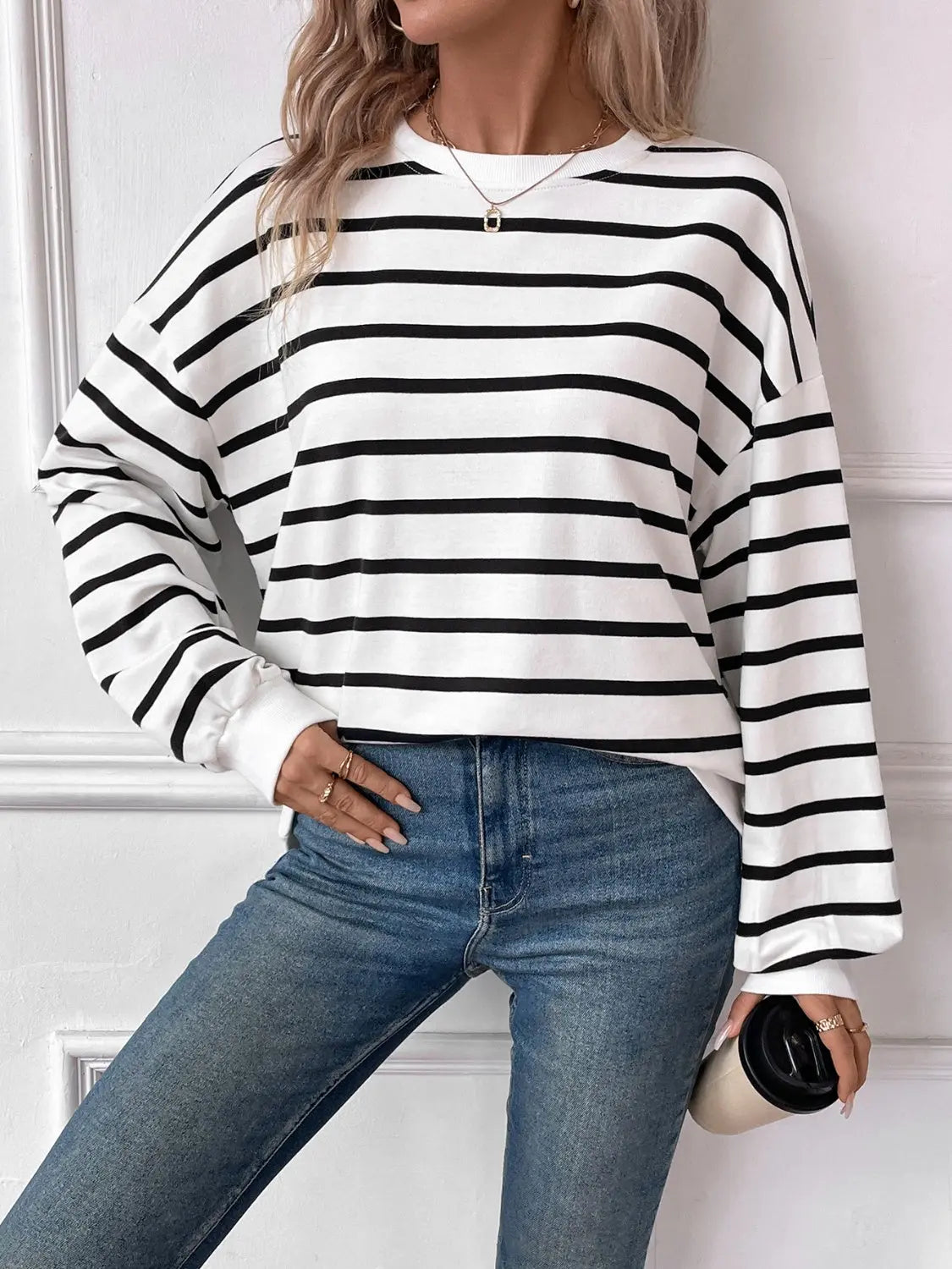 Striped Round Neck Long Sleeve Sweatshirt Trendsi