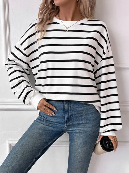 Striped Round Neck Long Sleeve Sweatshirt Trendsi