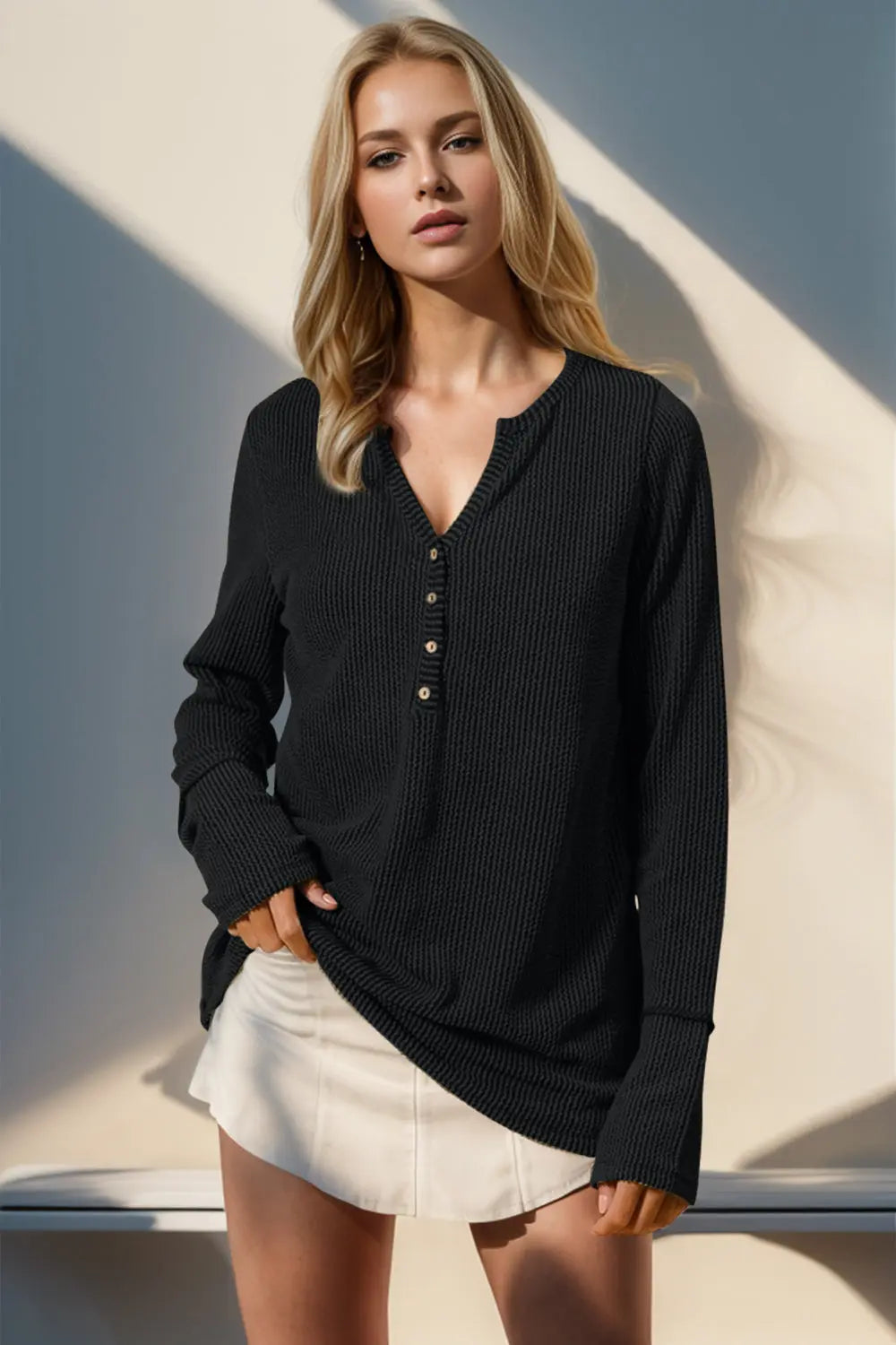 Double Take Full Size Notched Thumbhole Long Sleeve T-Shirt Trendsi