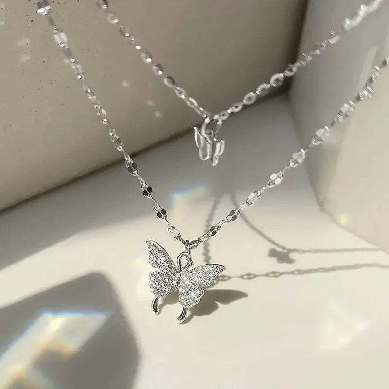 ANENJERY 925 Sterling Silver CZ Butterfly Necklace: Double Layer Dainty Jewelry Zendrop