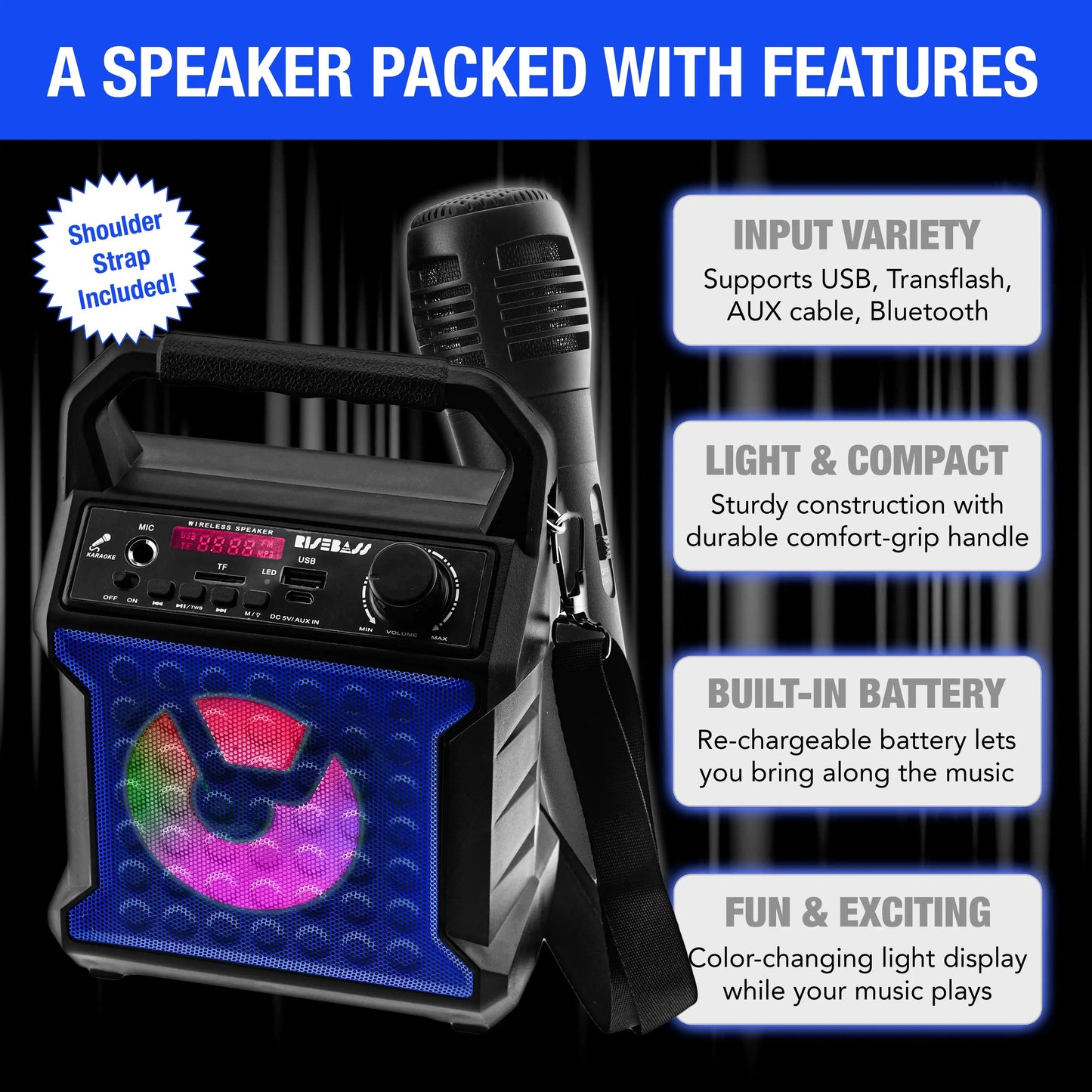 Risebass Portable Karaoke Machine with Microphone - Home Karaoke System with Party Lights for Kids and Adults - Rechargeable USB Speaker Set with FM Radio, SD/TF Card Support, and AUX-in Zendrop