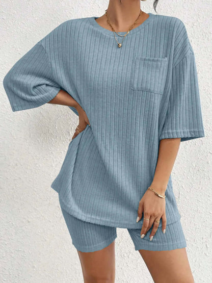 Ribbed Round Neck Top and Shorts Set Trendsi