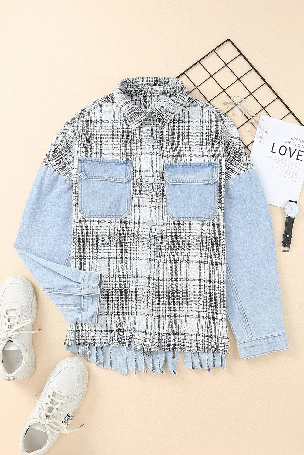 Plaid Pocketed Snap Down Denim Jacket Trendsi