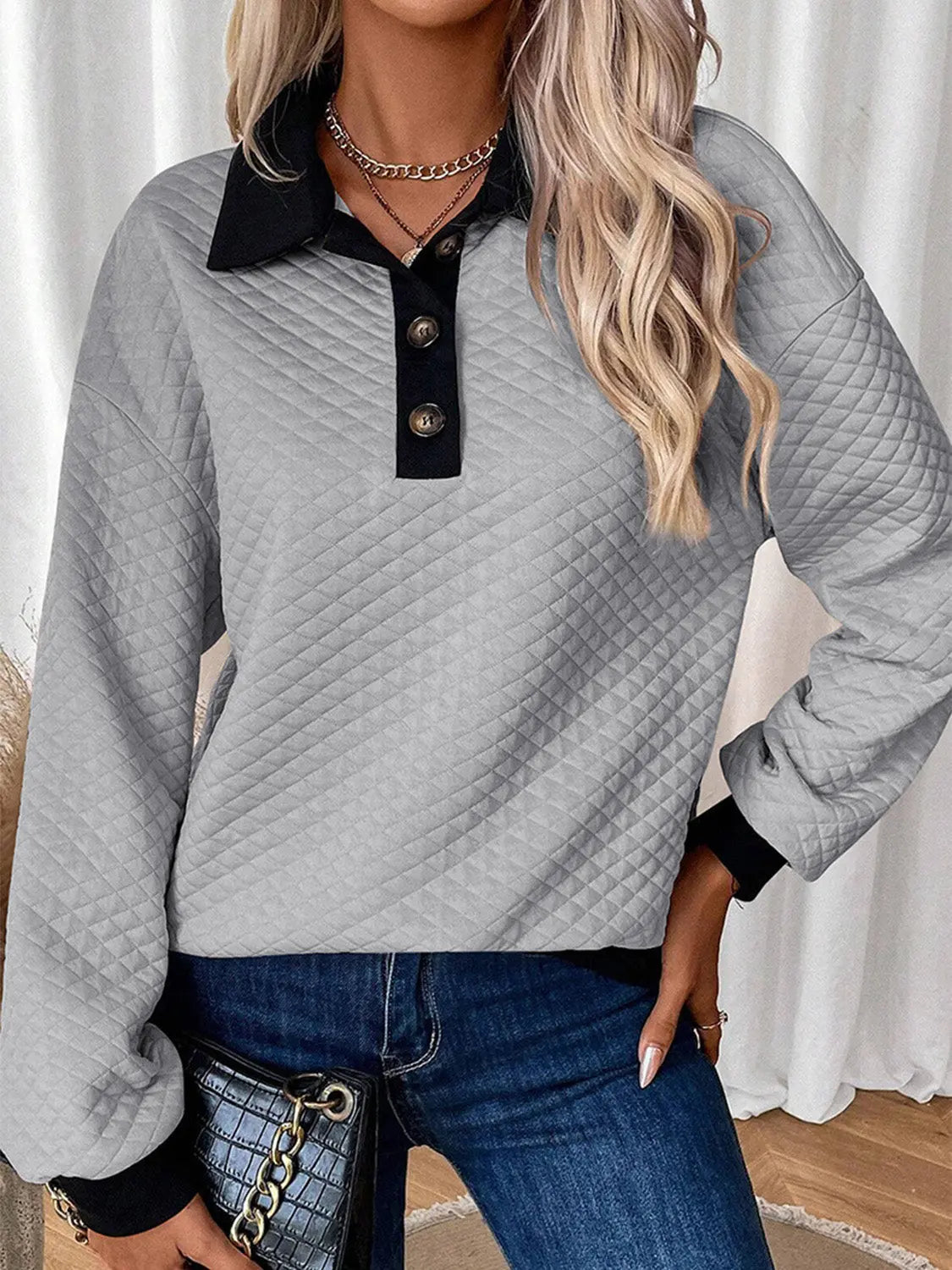 Texture Quarter Button Long Sleeve Sweatshirt Trendsi